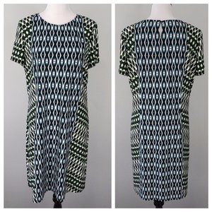 MAGGY LONDON Blue White Green Stretch Short Sleeve Shift Dress Size 14